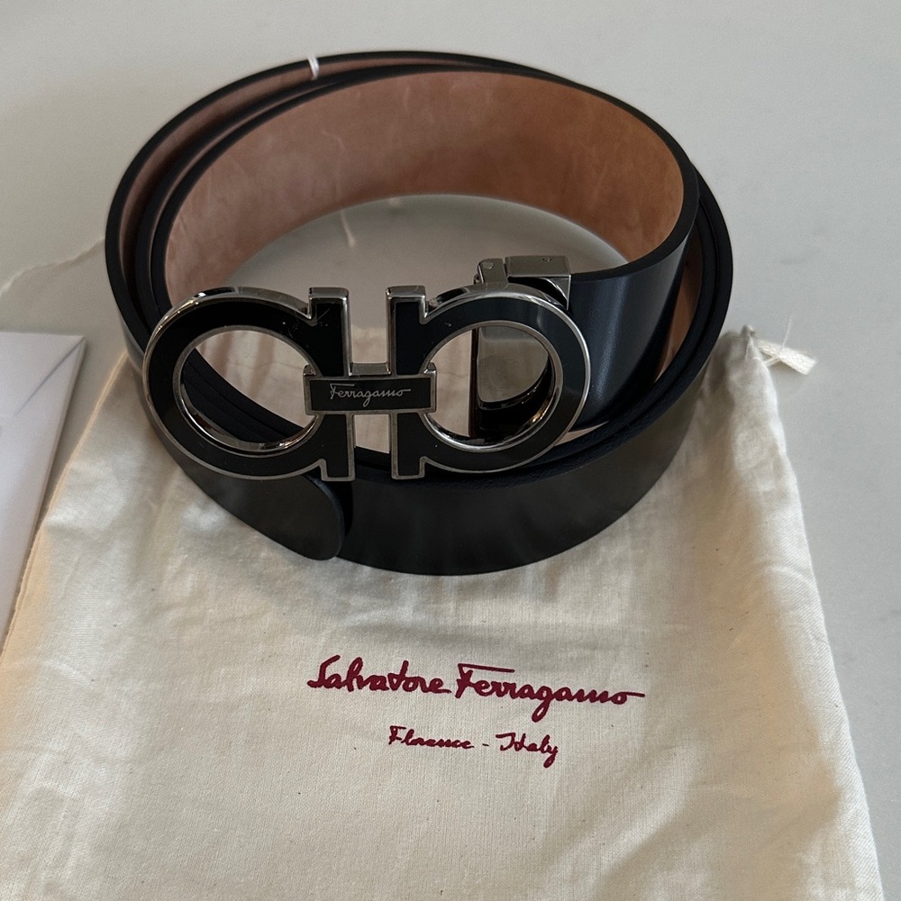 Men's Salvatore Ferragamo Black Leather Belt with Double Gancini Buckle